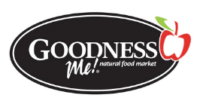 Goodness Me Natural Food Market Logo with a red apple.